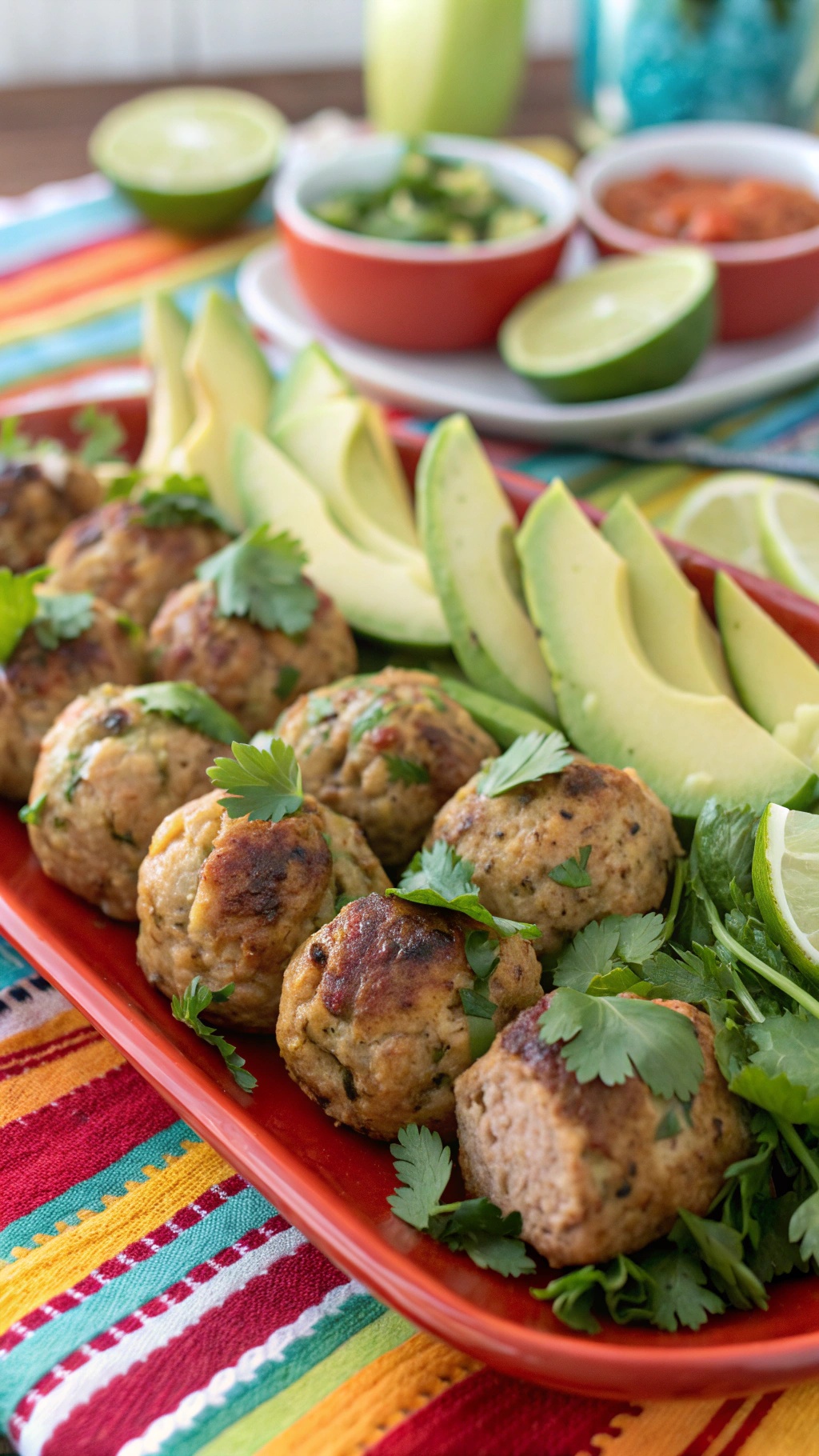 Cilantro lime turkey meatballs served with avocado slices on a colorful plate
