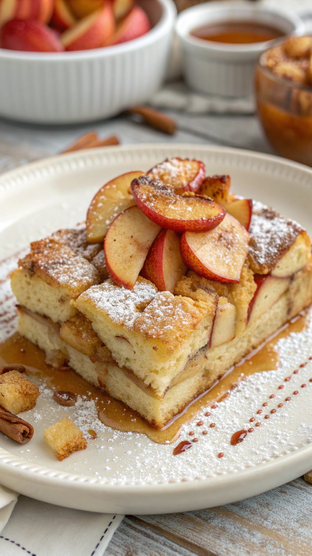 A delicious serving of Cinnamon Apple French Toast Casserole topped with apple slices and powdered sugar.
