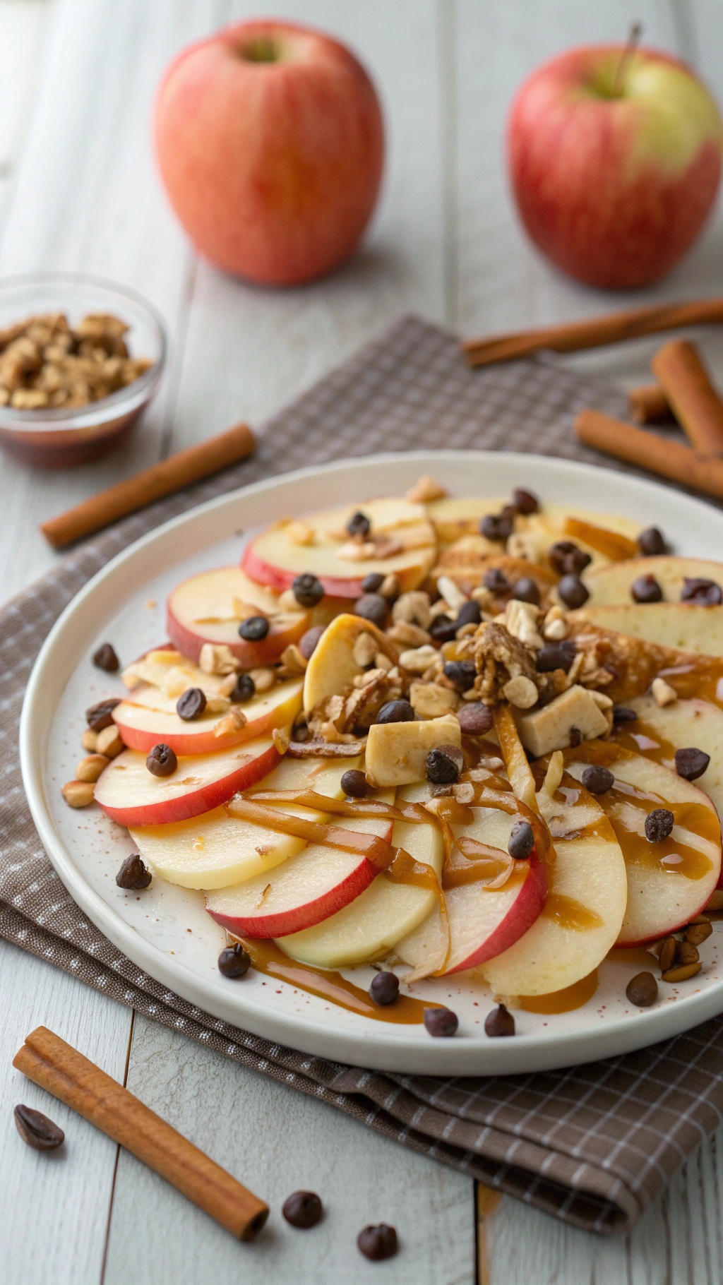 A plate of cinnamon apple nachos topped with caramel, granola, chocolate chips, and nuts.