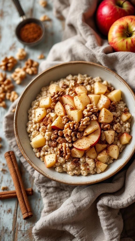 A bowl of cinnamon apple oatmeal topped with diced apples and walnuts, with cinnamon sticks and fresh apples in the background.