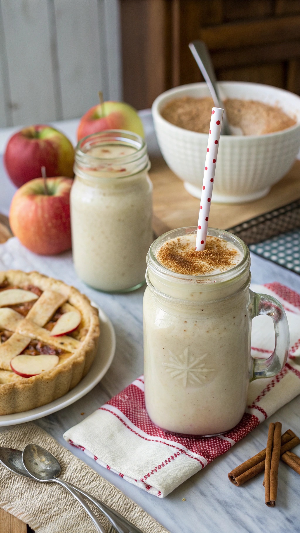 A delicious Cinnamon Apple Pie Smoothie served in jars with fresh apples and a pie in the background.