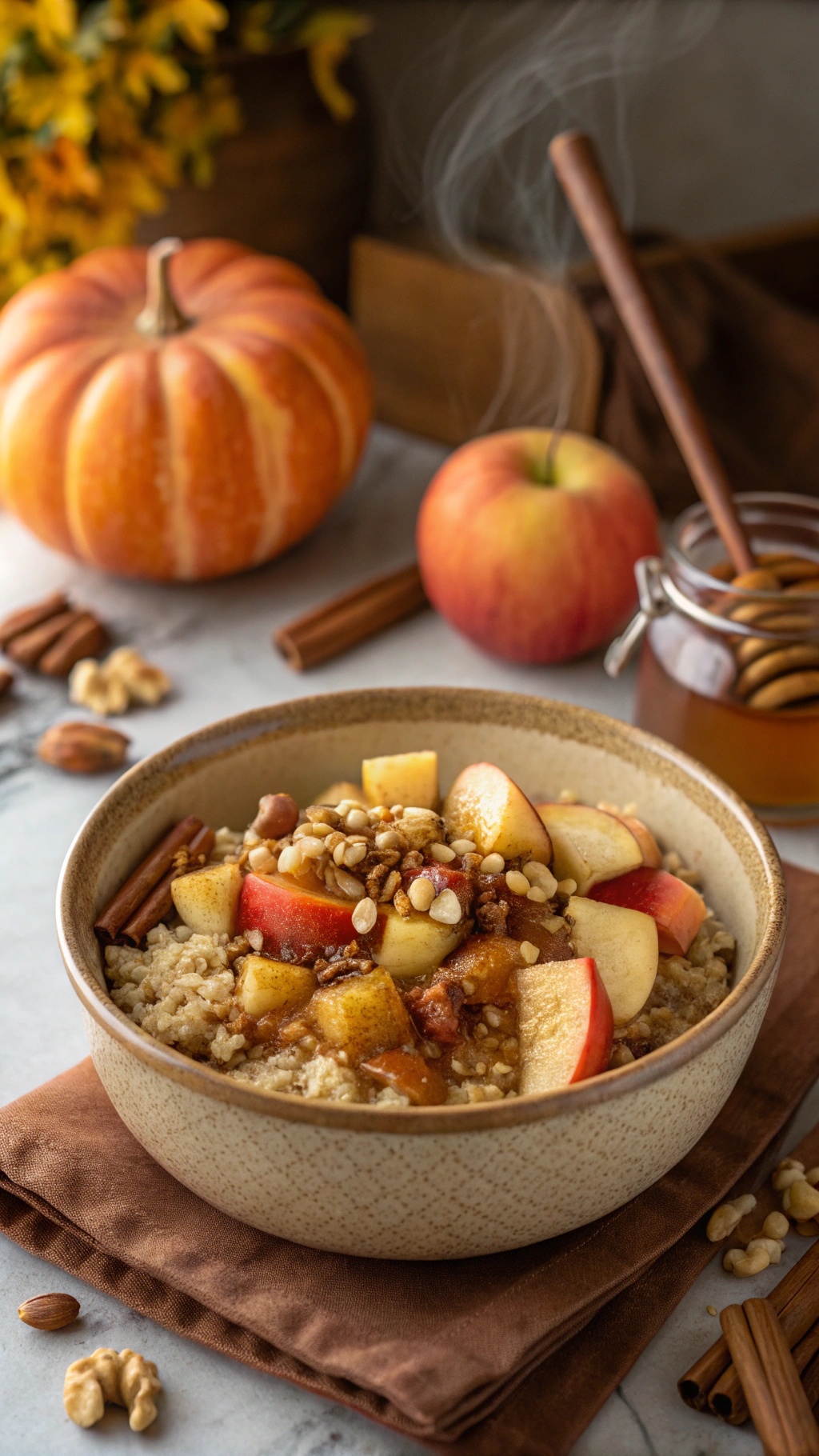 A warm bowl of cinnamon apple quinoa topped with diced apples, nuts, and cinnamon sticks, surrounded by pumpkins.