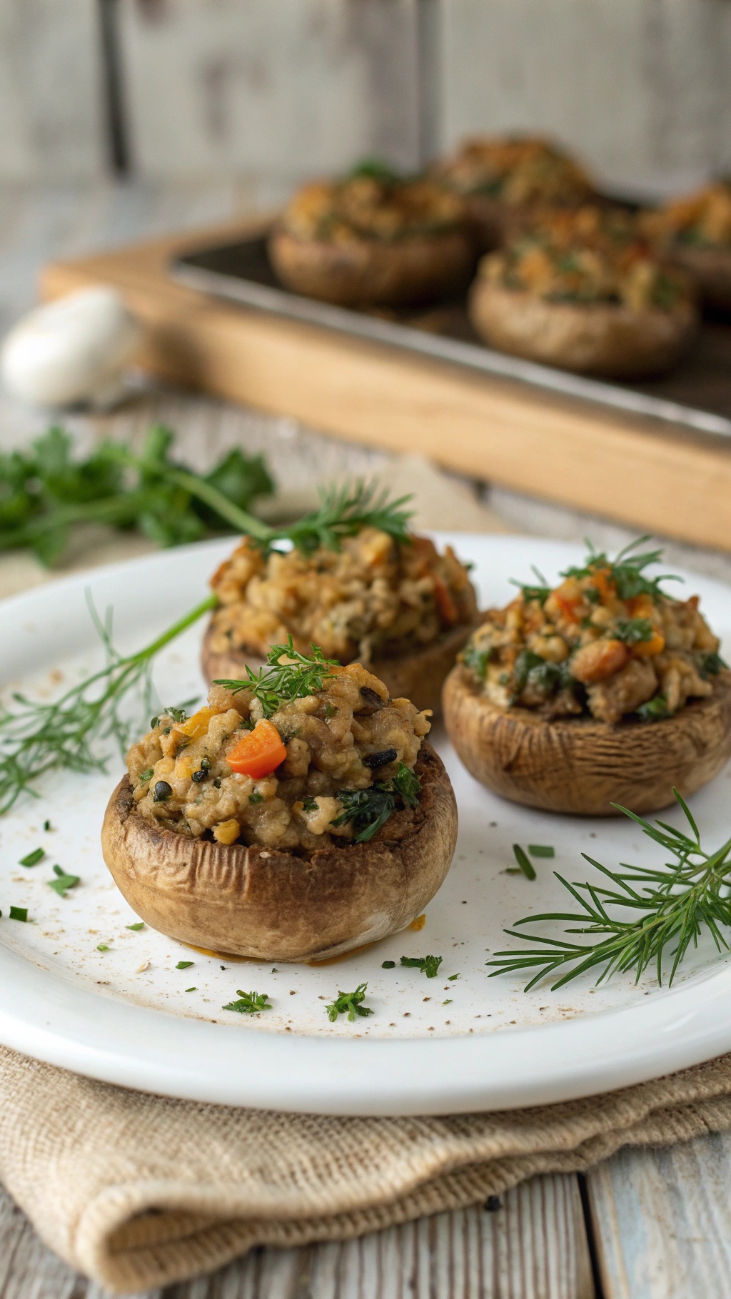 A plate of vegan stuffed mushrooms topped with herbs, showcasing a delicious filling.