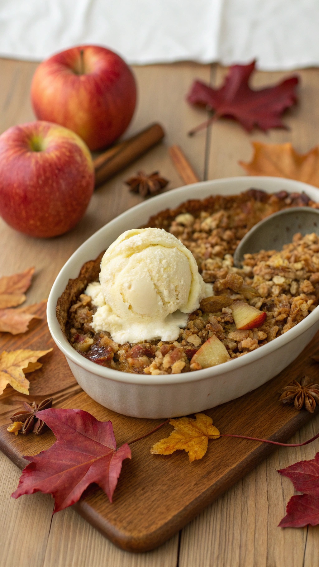 A warm apple cinnamon oat crisp topped with vanilla ice cream, surrounded by fresh apples and autumn leaves.