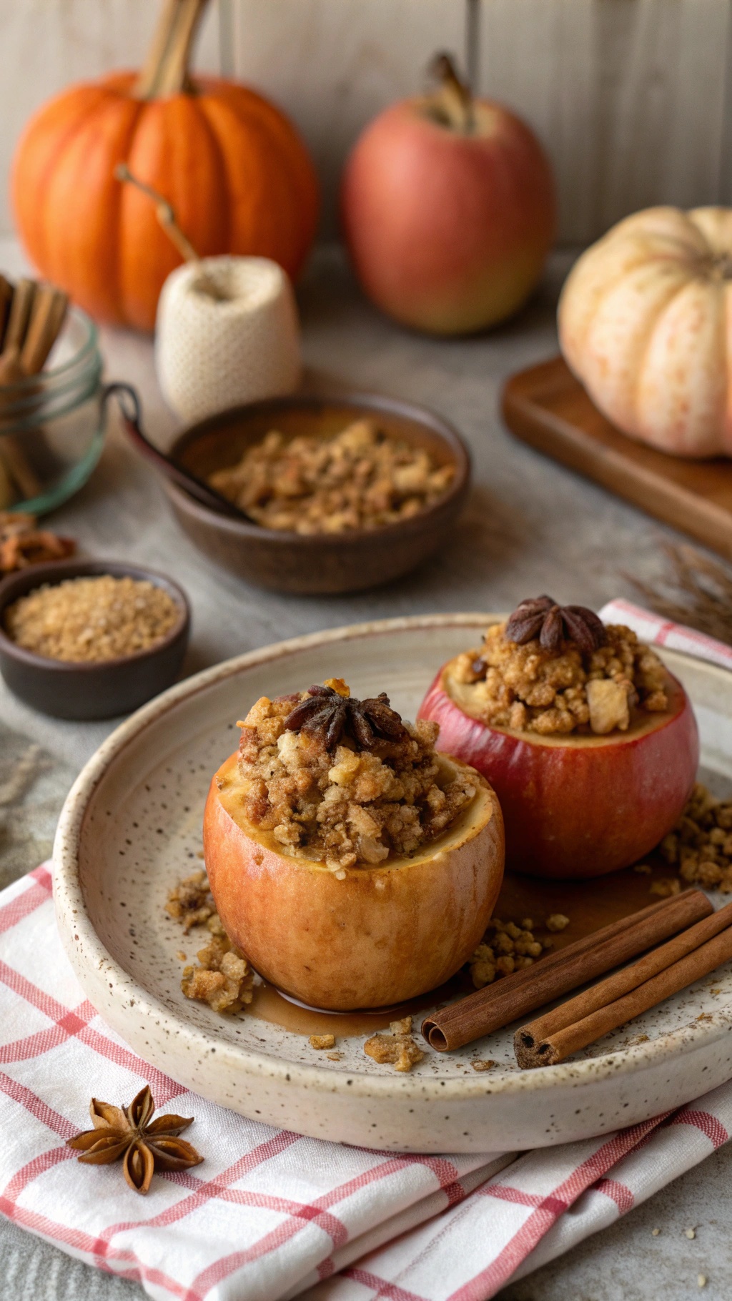 Baked apples stuffed with cinnamon oats on a plate, surrounded by spices and pumpkins.