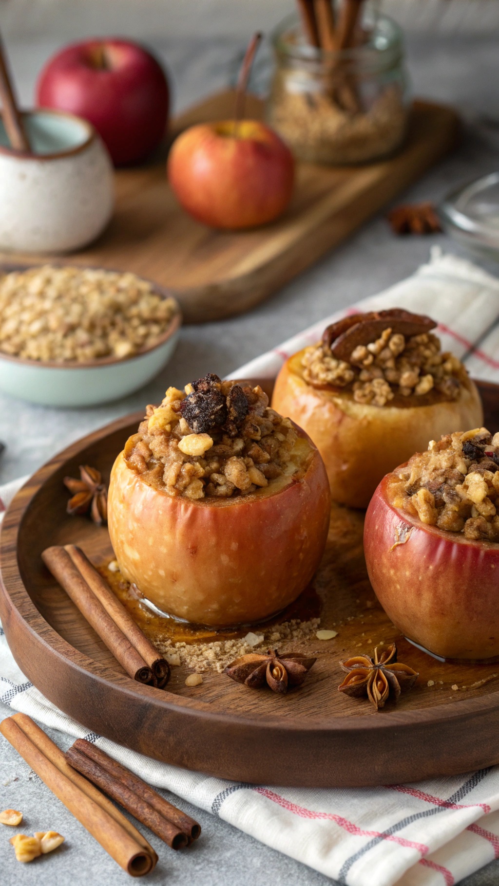 Baked apples with a crunchy topping, cinnamon sticks, and star anise on a wooden plate.