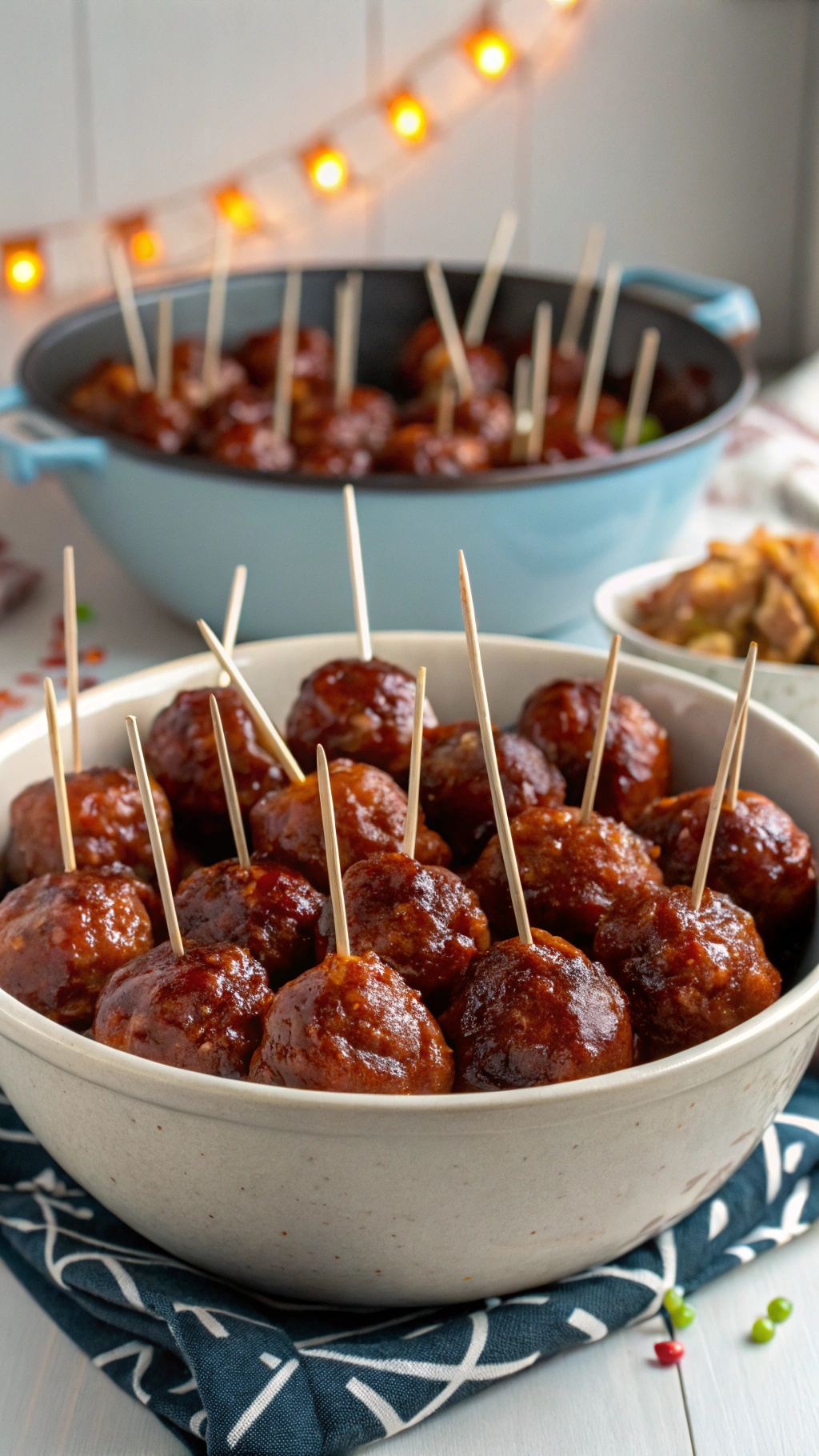 A bowl of classic BBQ meatballs with toothpicks, ready for serving at a holiday gathering.