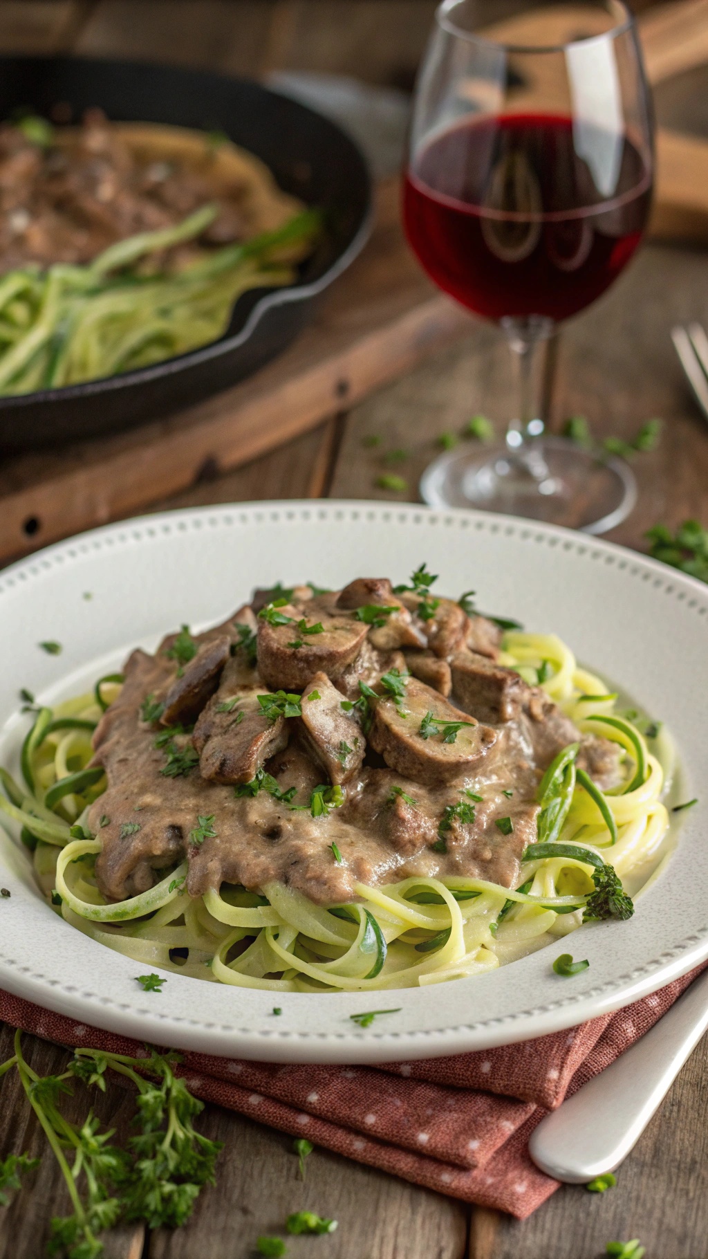 A plate of beef stroganoff served over zucchini noodles, garnished with parsley and a glass of red wine in the background.