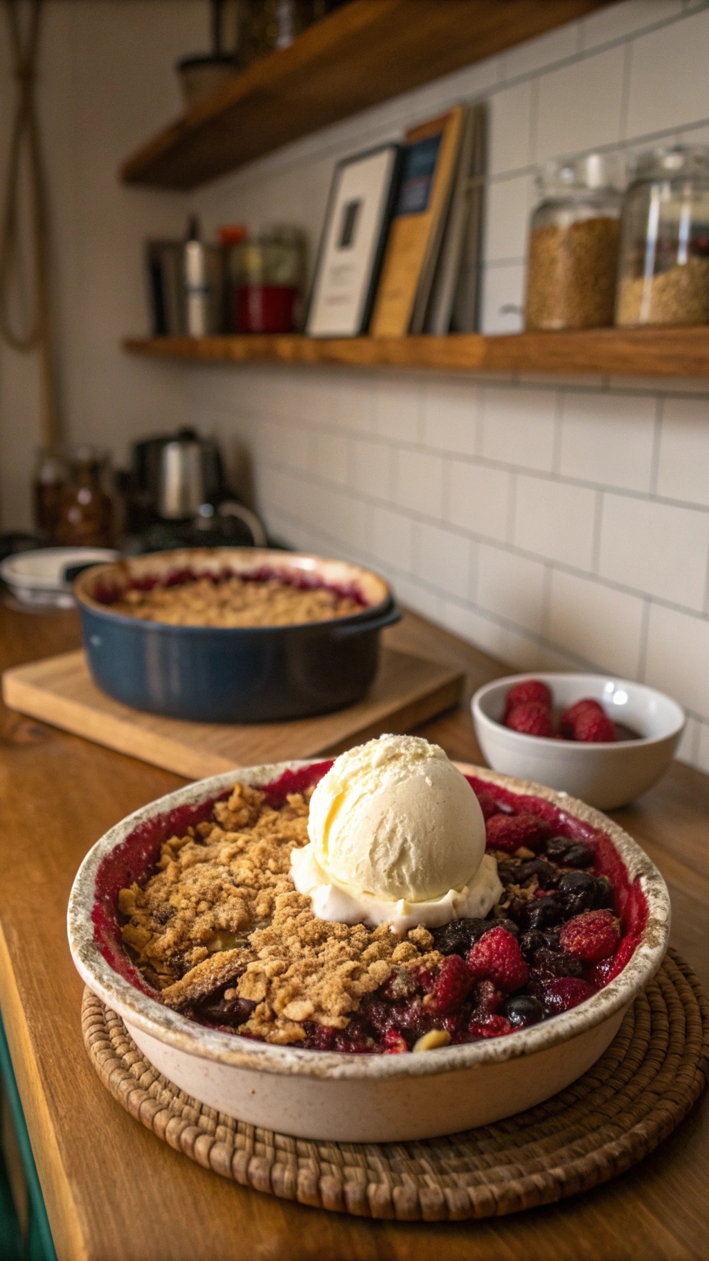A classic berry crumble with oat topping served in a dish, topped with a scoop of vanilla ice cream, and surrounded by fresh raspberries.