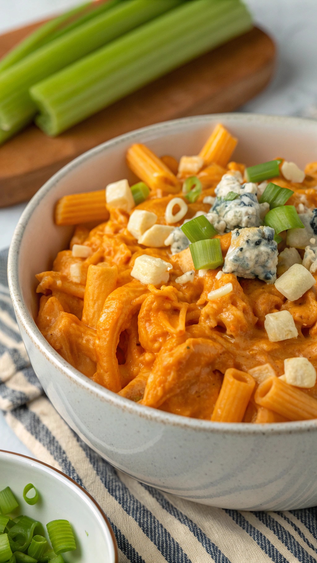 A bowl of creamy buffalo chicken keto mac and cheese topped with green onions and blue cheese.