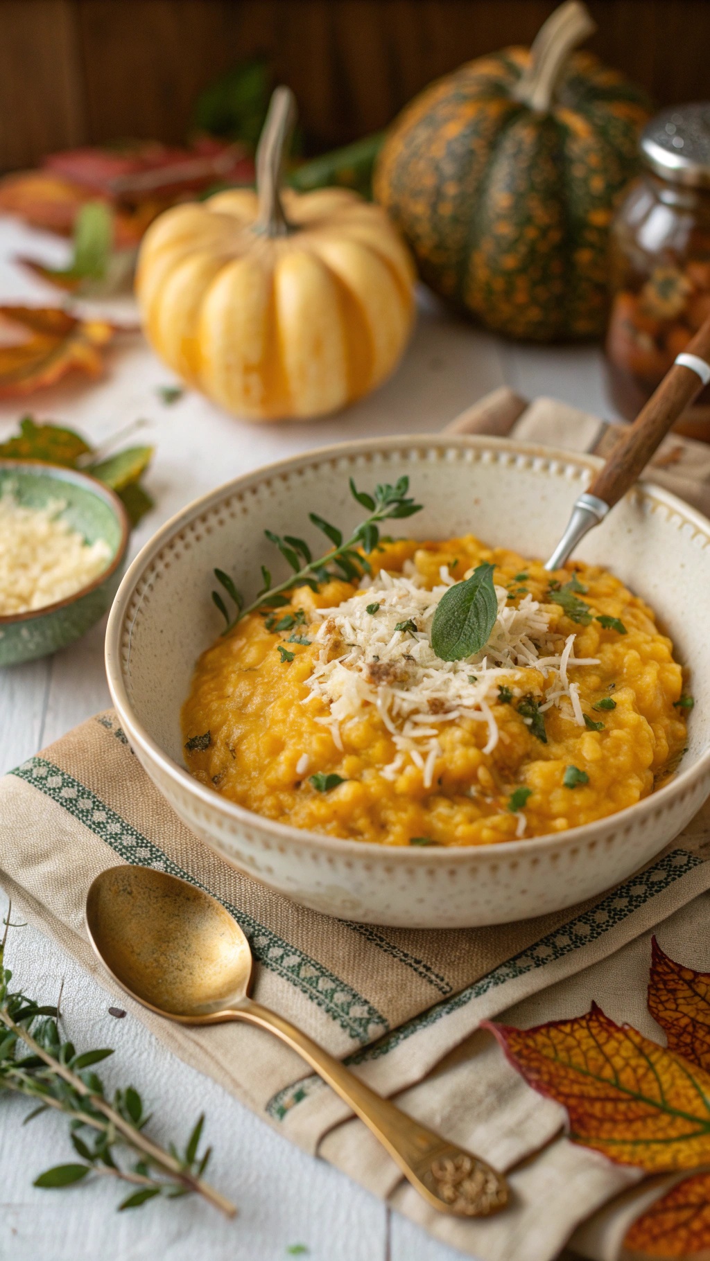 A bowl of creamy butternut squash risotto topped with herbs and cheese, surrounded by autumn decorations.
