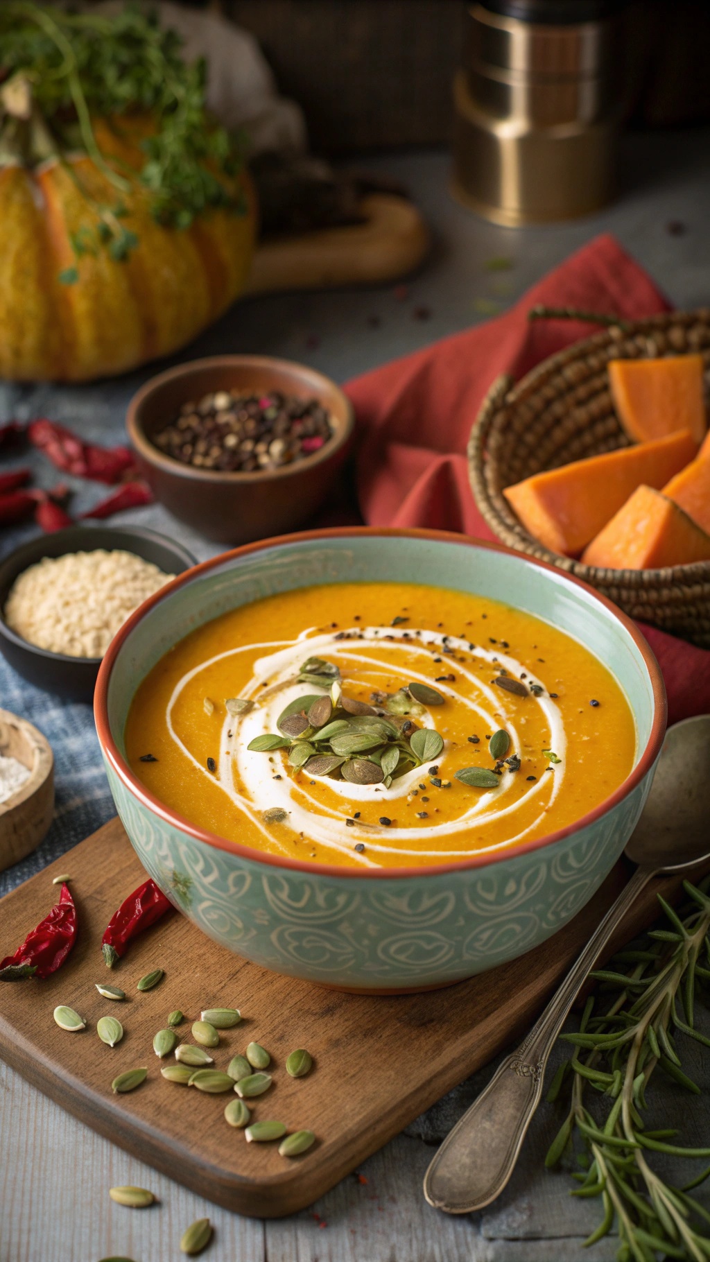 A bowl of creamy butternut squash soup topped with pumpkin seeds and a swirl of cream, surrounded by fresh ingredients.