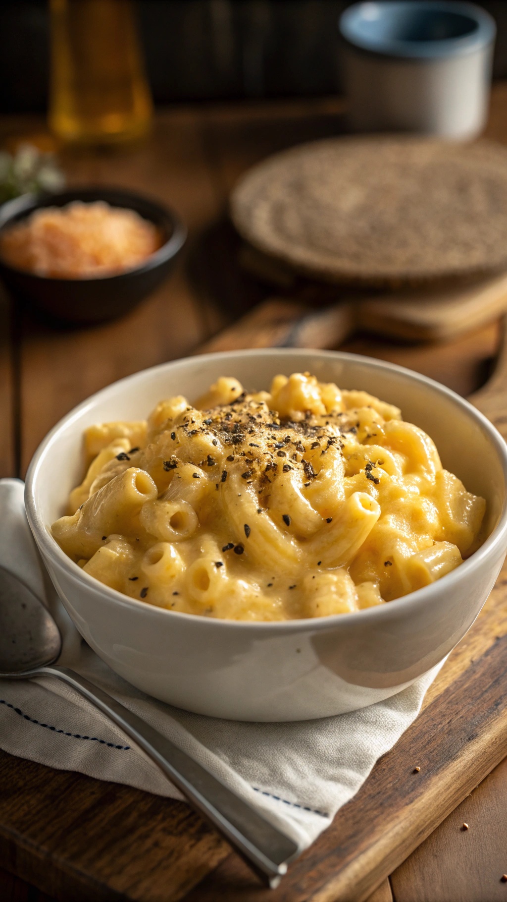 A bowl of creamy cheddar mac and cheese topped with black pepper, served on a wooden table.