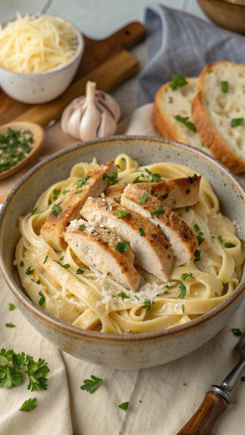 A bowl of Chicken Alfredo Pasta topped with sliced grilled chicken and parsley, with grated cheese and garlic in the background.
