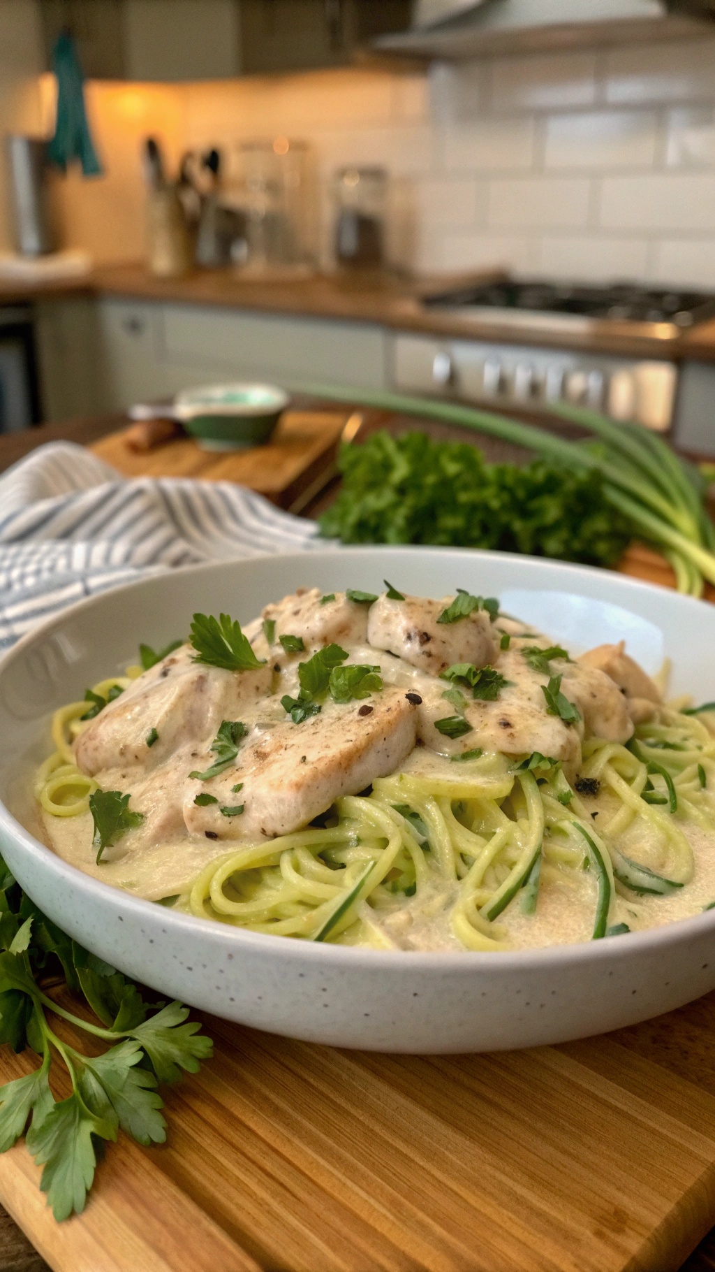 A bowl of Chicken Alfredo with zoodles, garnished with parsley, served in a cozy kitchen setting.
