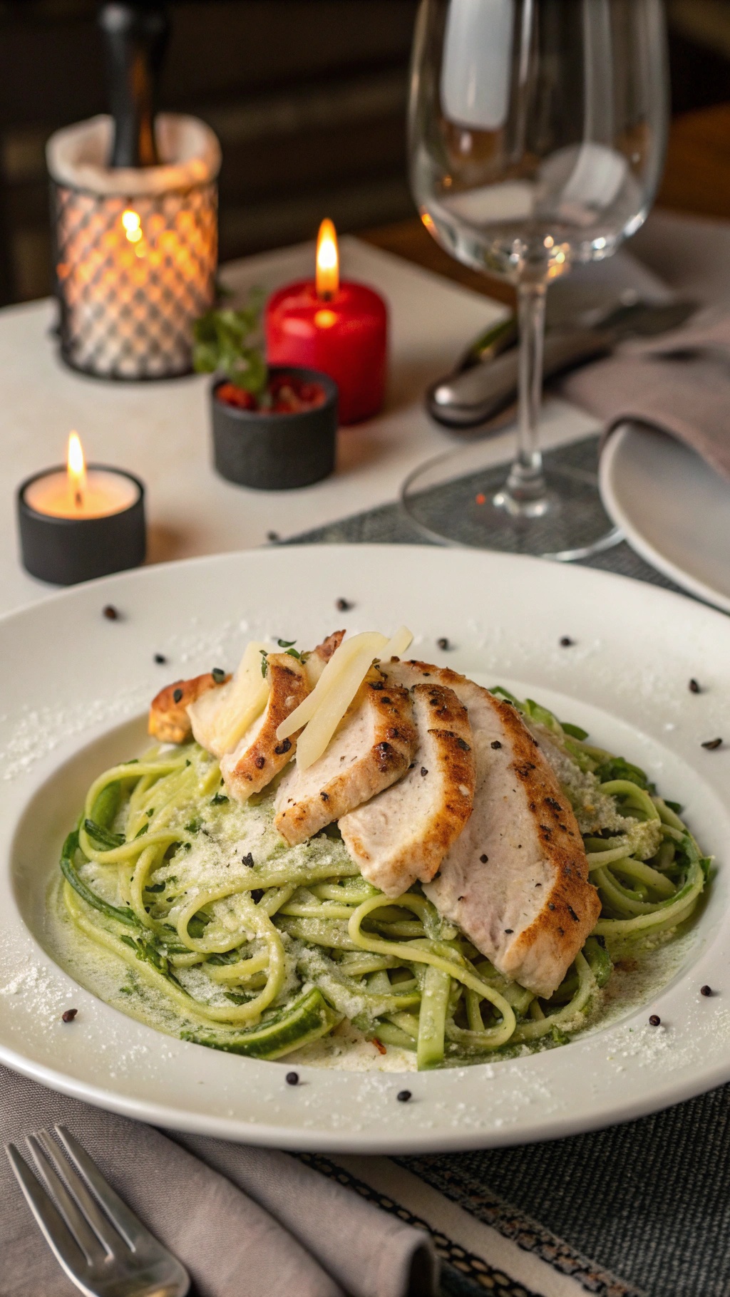 A plate of Chicken Alfredo with zoodles, garnished with parsley and served with candles in the background.