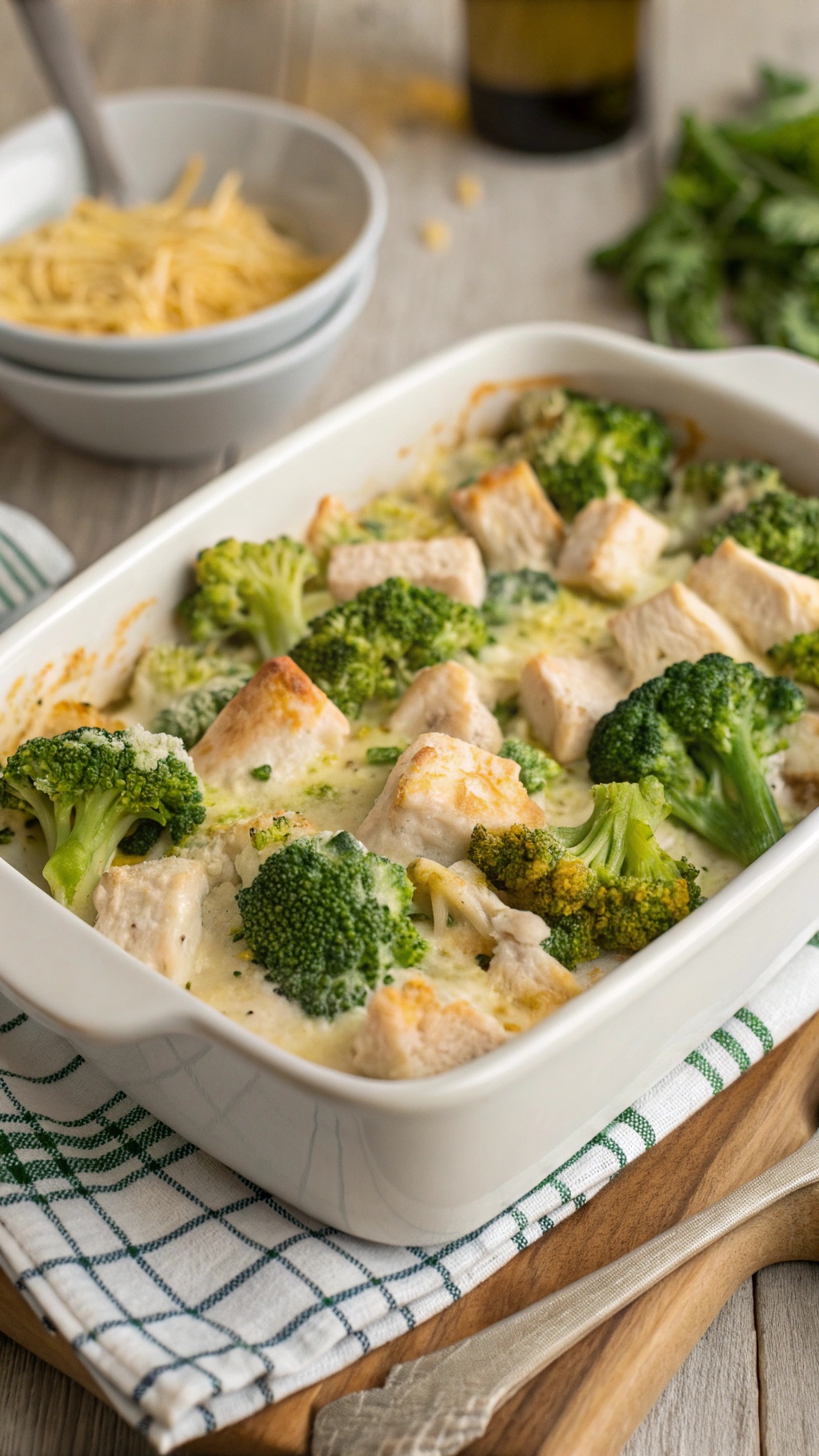 A delicious chicken and broccoli casserole baked to perfection, topped with melted cheese.