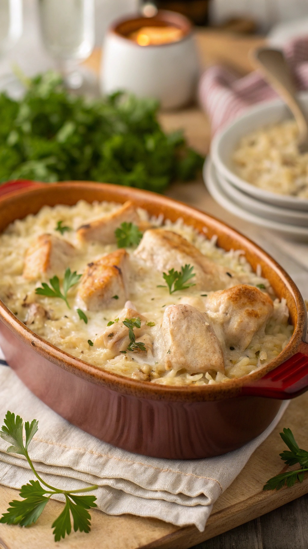 A delicious chicken and rice casserole in a red baking dish, garnished with parsley.