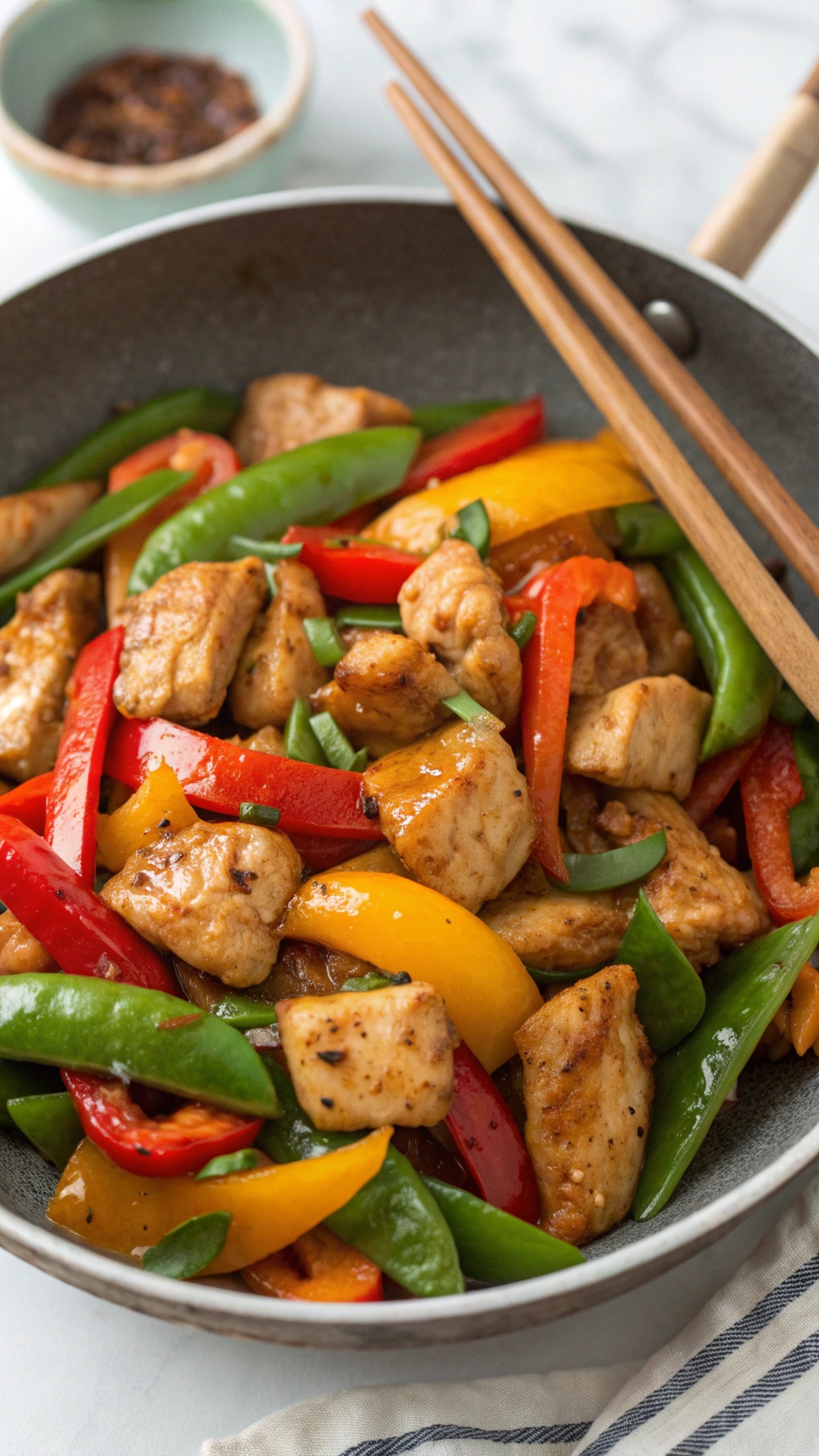 A colorful chicken and vegetable stir-fry in a skillet with chopsticks