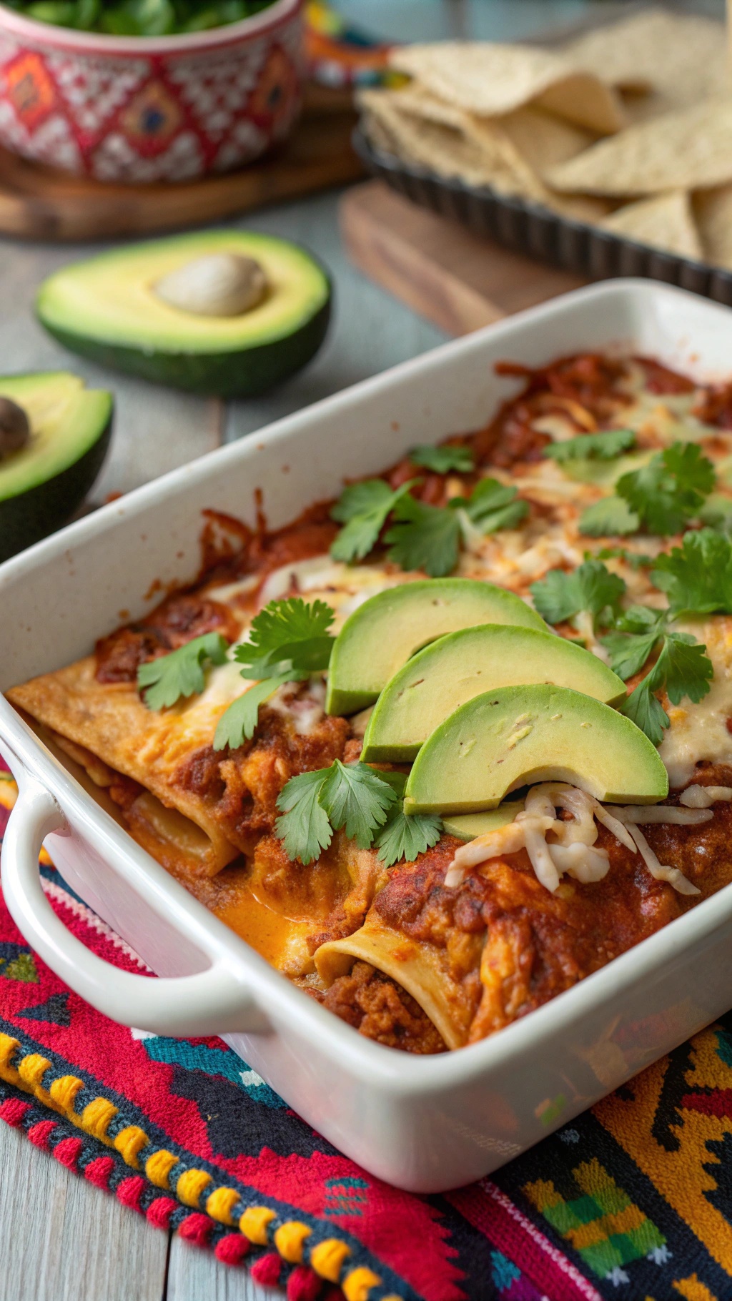 A delicious chicken enchilada casserole topped with avocado slices and cilantro, served with tortilla chips.