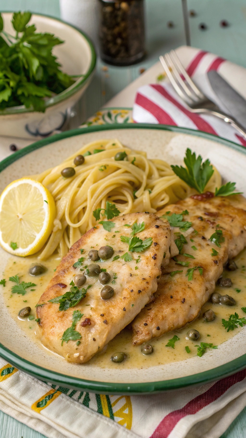 A plate of chicken piccata with pasta, garnished with parsley and lemon slices.