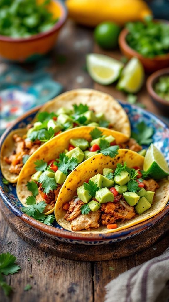 Classic chicken tacos with avocado salsa on a colorful plate