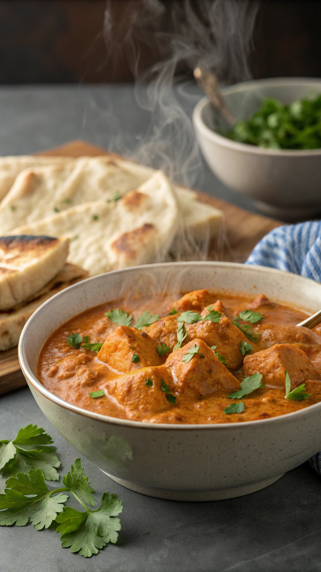 A bowl of Chicken Tikka Masala with naan bread and fresh cilantro.