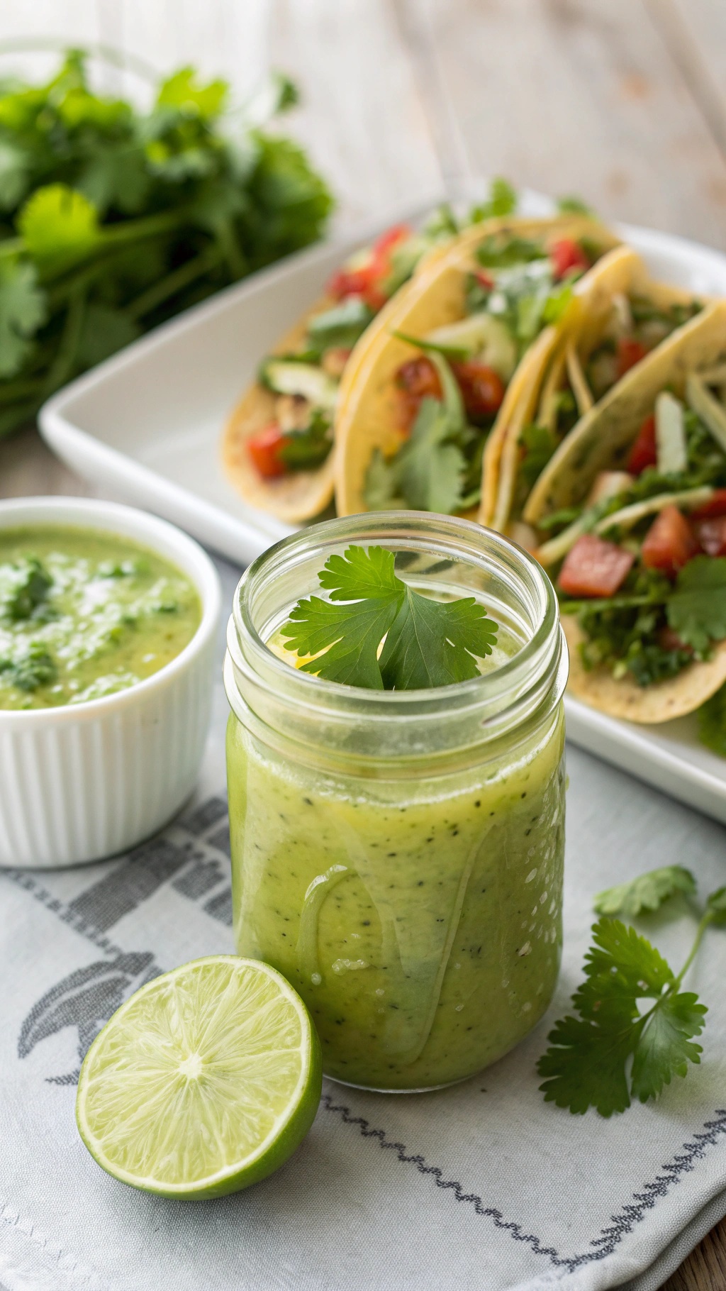 A jar of cilantro lime vinaigrette with lime slices and tacos in the background.
