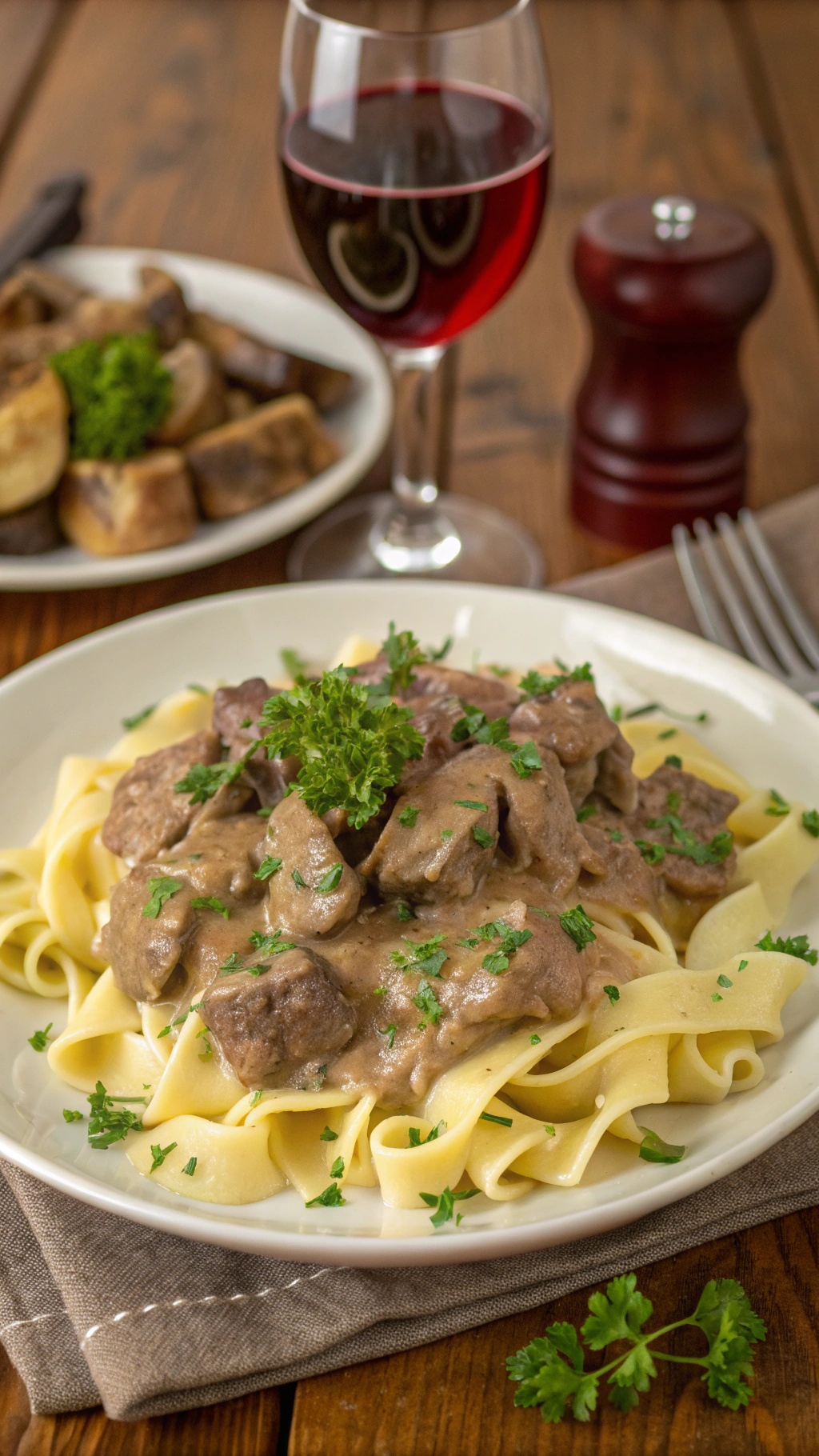 A plate of Beef Stroganoff served over egg noodles with a glass of red wine.
