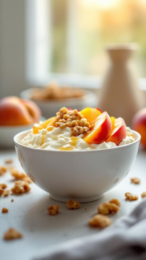 A bowl of cottage cheese topped with sliced peaches and nuts, drizzled with honey.