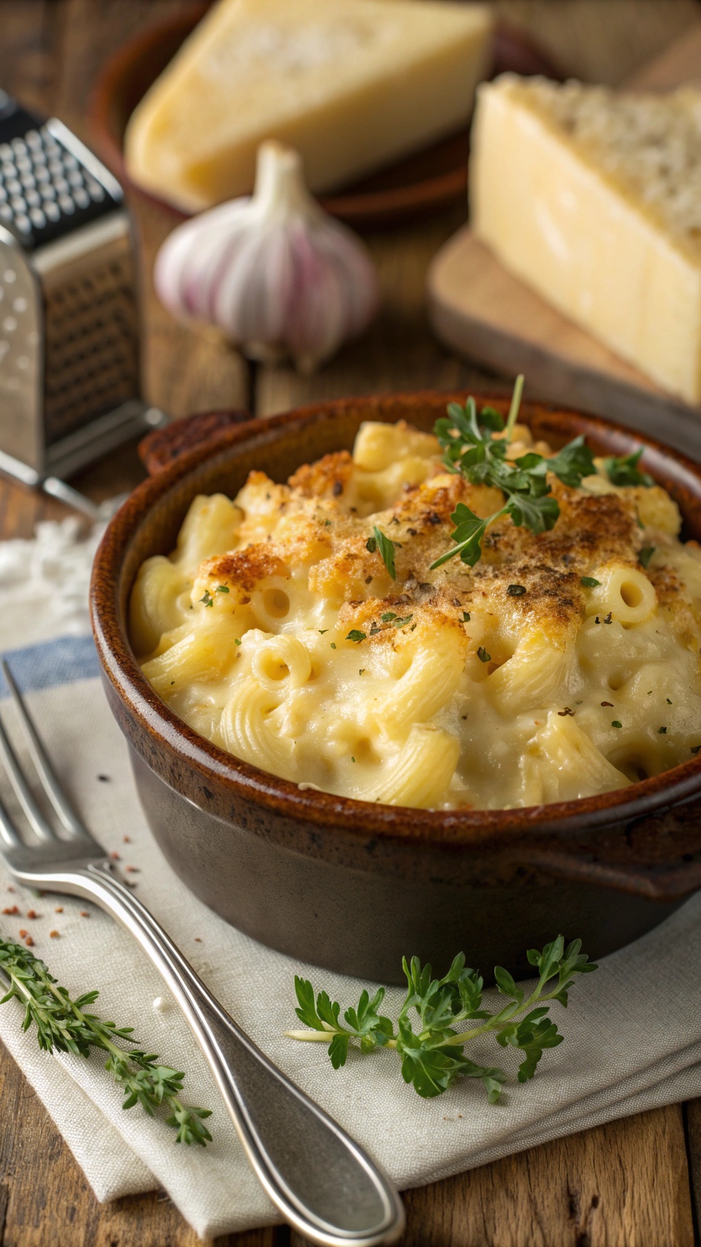 A creamy mac and cheese dish topped with breadcrumbs and fresh herbs, served in a rustic bowl.