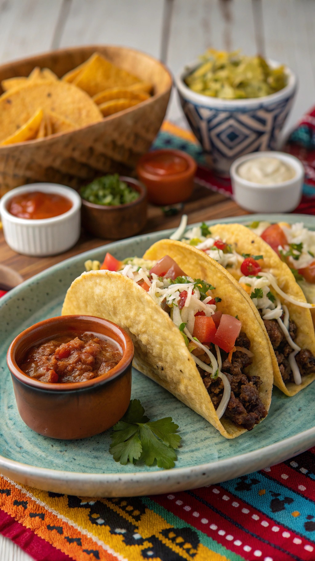 Plate of beef and cheese tacos with salsa and fresh toppings.