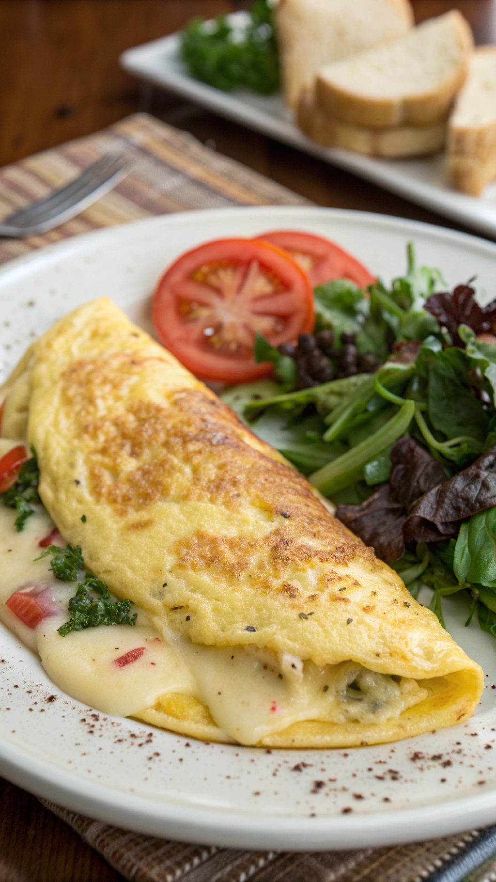 A classic egg and cheese omelette served with salad and sliced tomatoes