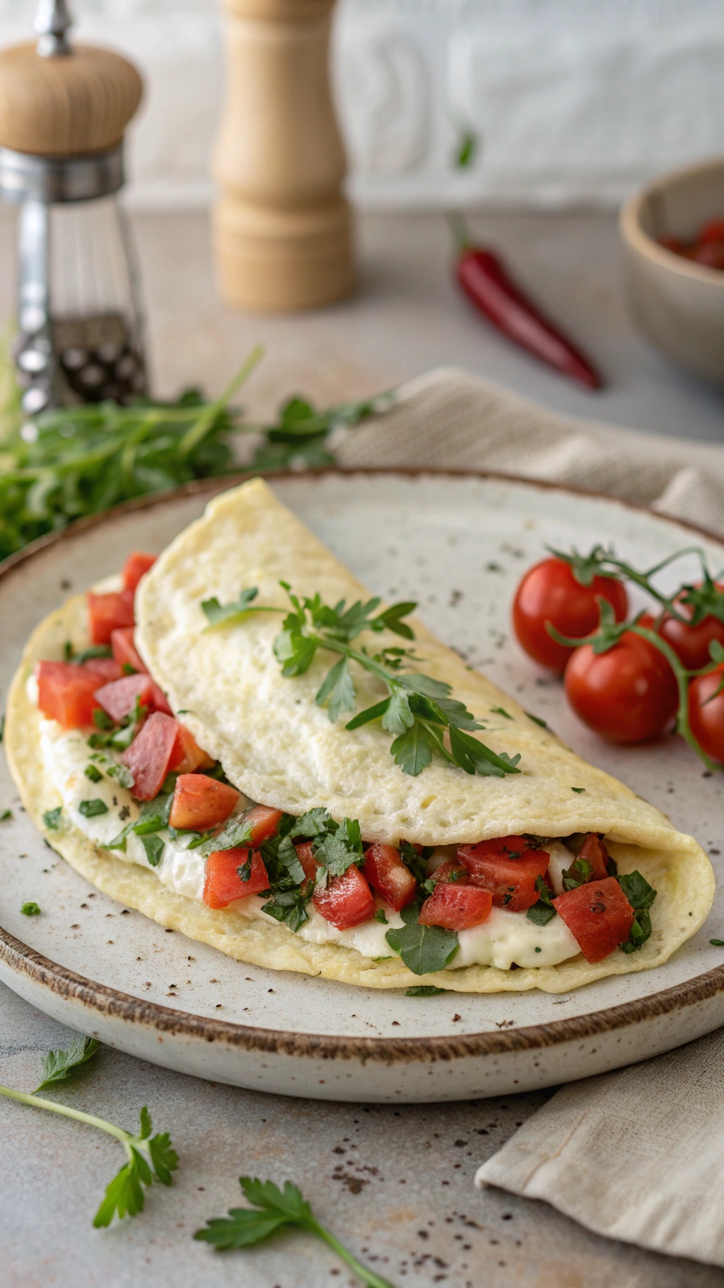 A classic egg white omelet filled with diced tomatoes and herbs, garnished with parsley, served on a plate.