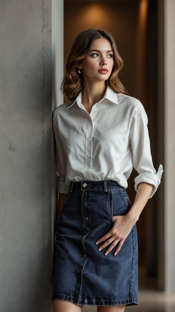 A woman in a white button-up shirt and denim skirt, leaning against a wall.
