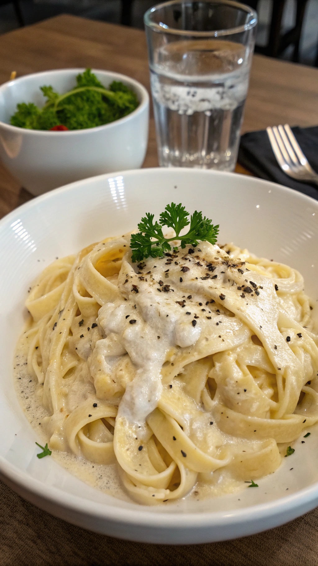 A bowl of fettuccine Alfredo topped with parsley and black pepper, with a side salad and a glass of water.