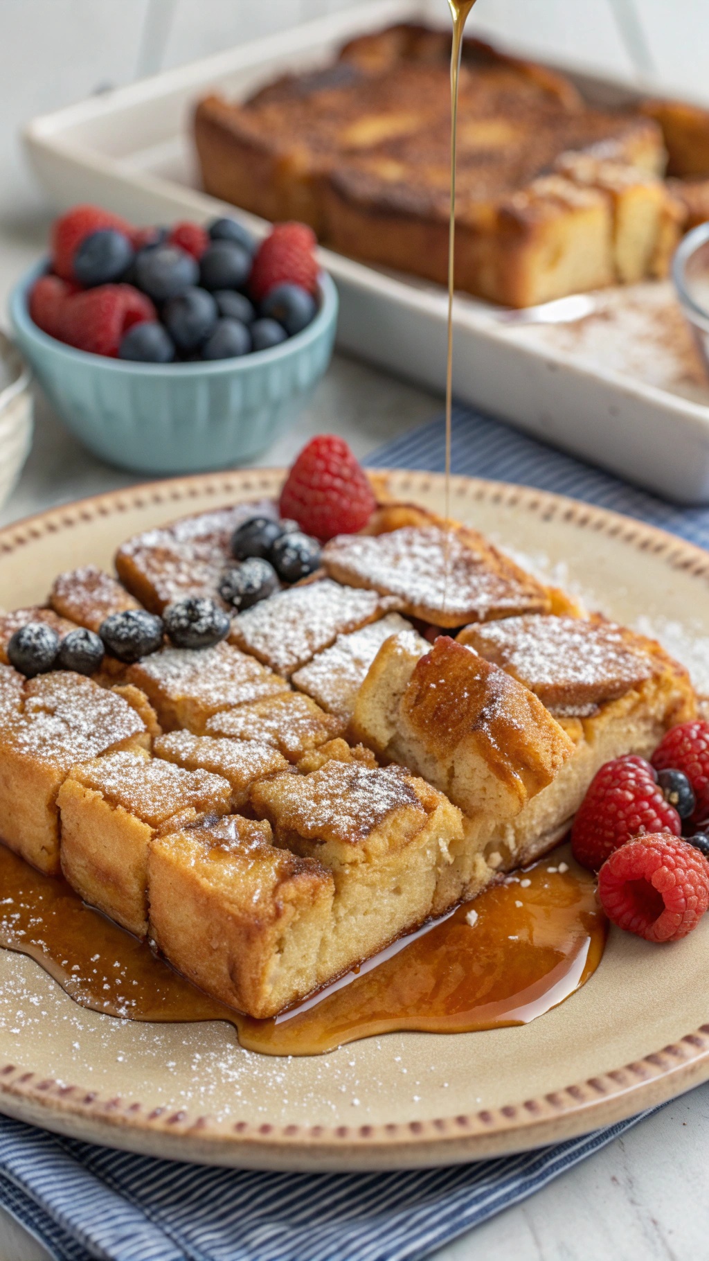 A delicious French toast casserole topped with powdered sugar and fresh berries, with syrup being drizzled over it.