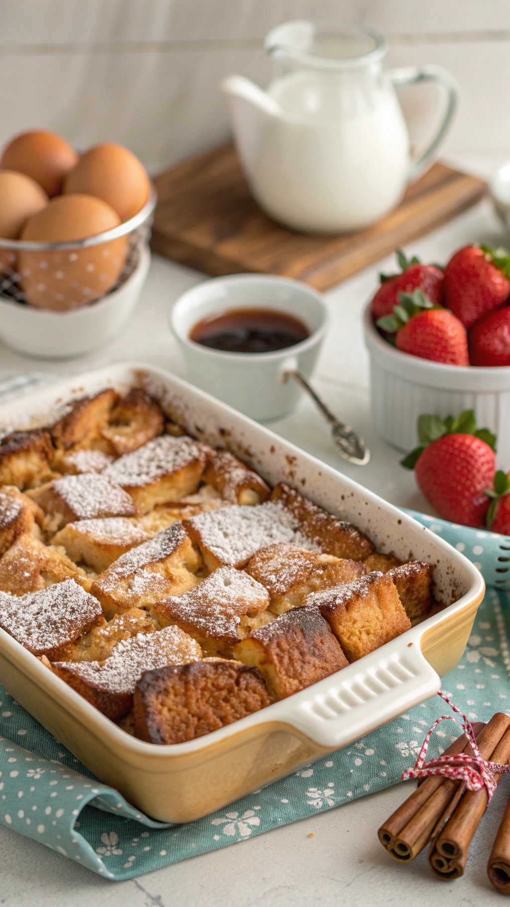 A delicious French toast casserole topped with powdered sugar, served with fresh strawberries and a side of syrup.