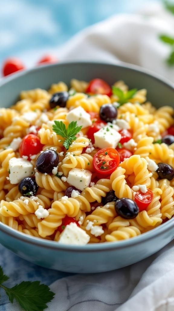 A bowl of Classic Greek Pasta Salad with olives, feta, and cherry tomatoes.