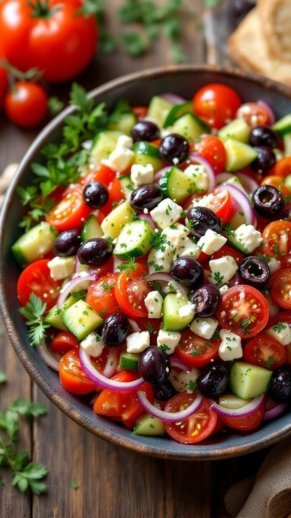 A colorful Greek salad with tomatoes, cucumbers, olives, and feta cheese in a bowl.