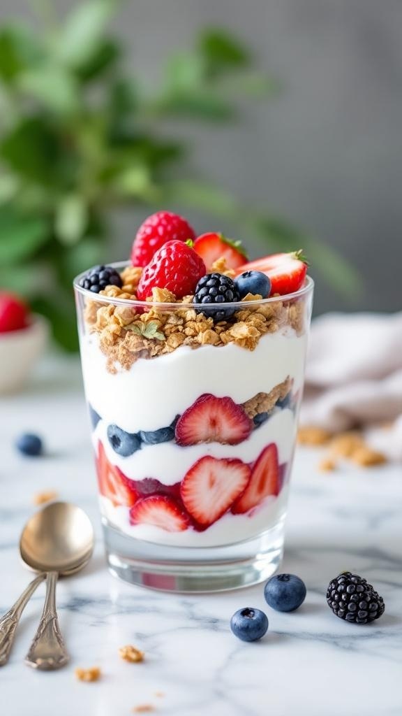 A delicious Greek yogurt parfait layered with fruits and granola in a glass.