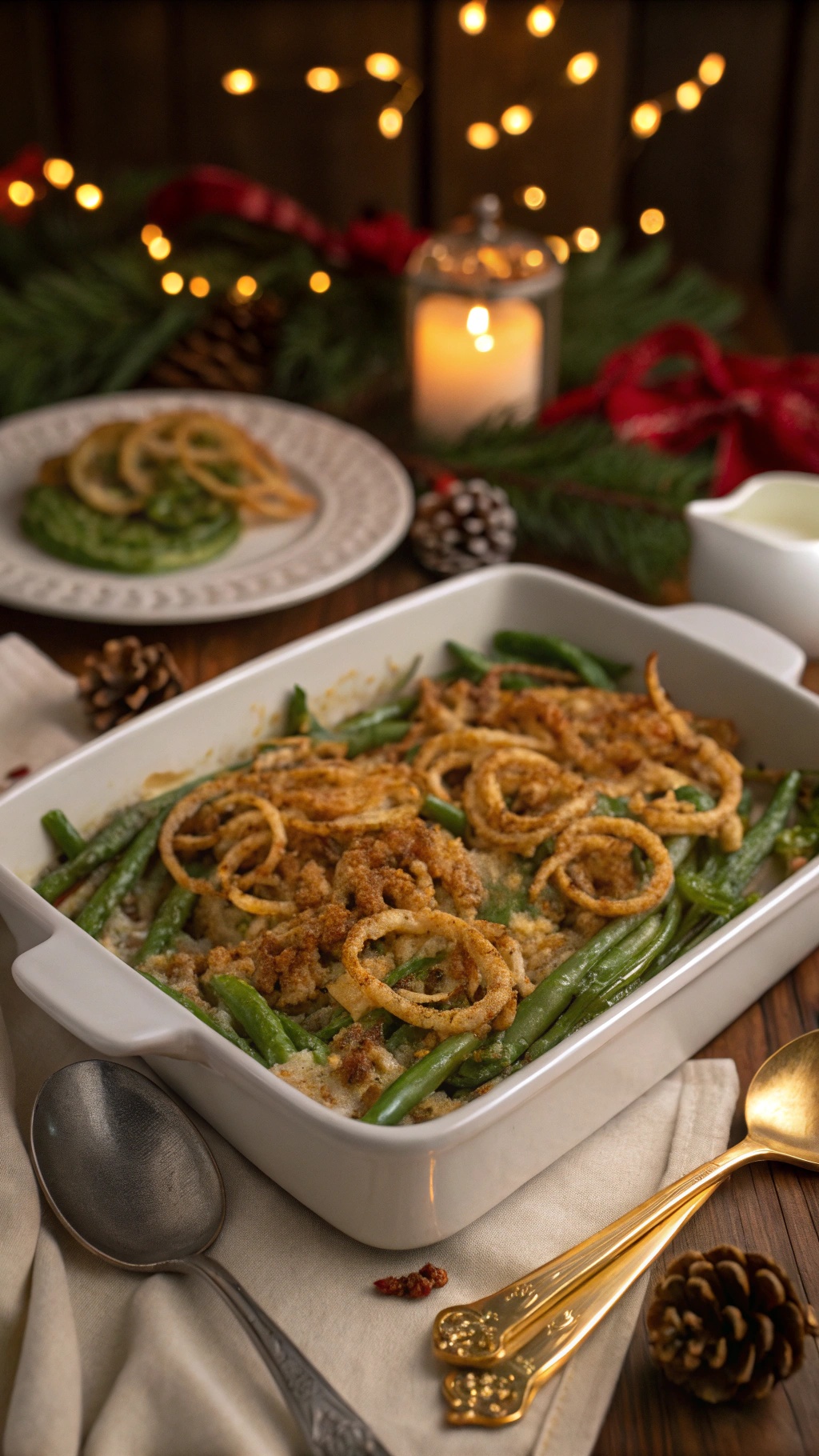 A delicious green bean casserole topped with crispy onion rings, set in a cozy holiday setting.