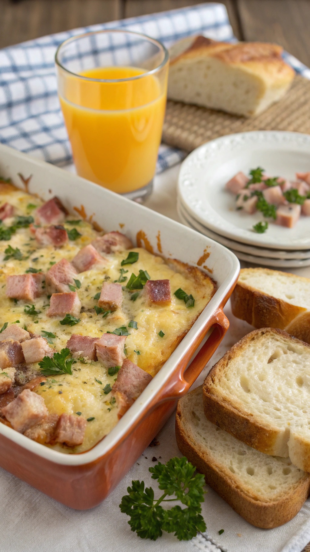 A delicious ham and cheese breakfast casserole served with orange juice and slices of bread.
