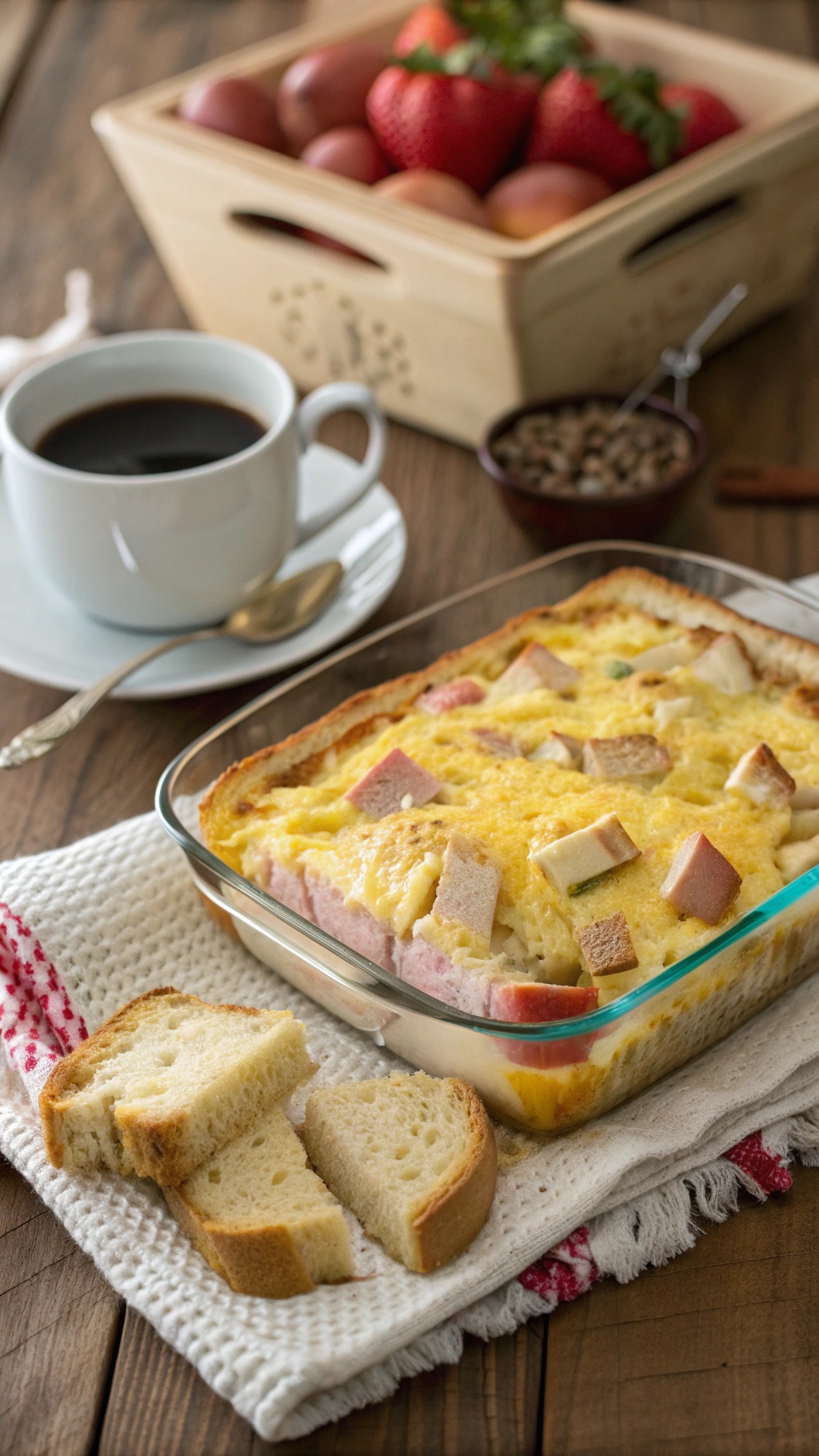 A delicious ham and cheese breakfast casserole served with slices of bread and a cup of coffee.