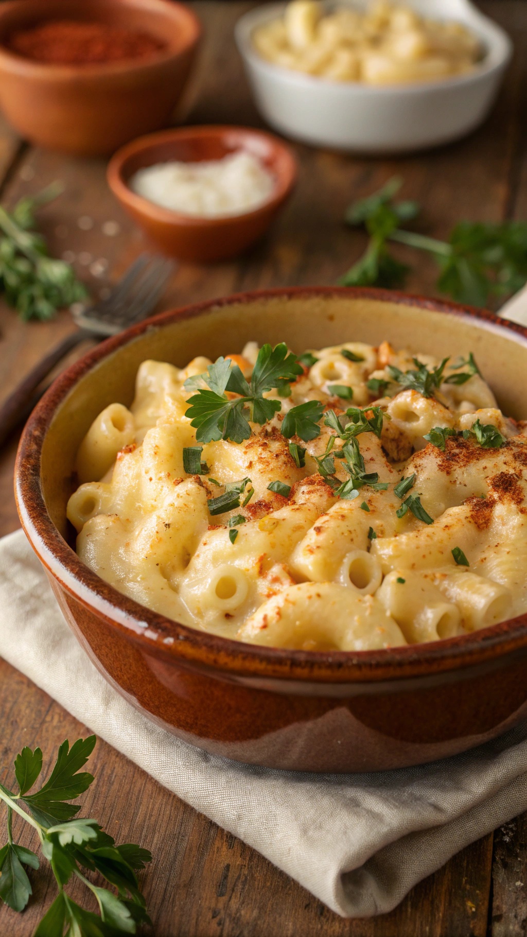 A bowl of high-protein mac and cheese topped with herbs and spices.