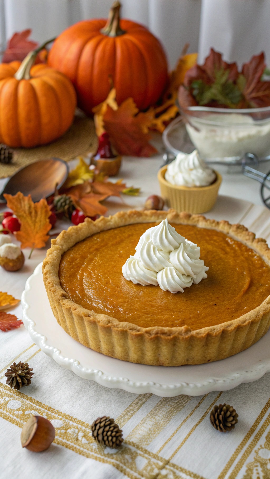 A healthy pumpkin pie topped with whipped cream, surrounded by pumpkins and autumn leaves.