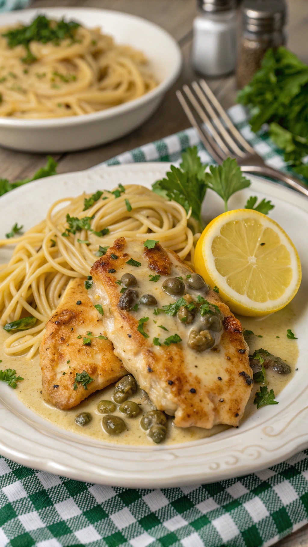 Plate of Chicken Piccata with spaghetti, garnished with parsley and lemon.