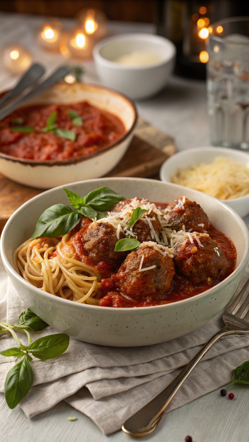 A bowl of classic Italian meatballs in marinara sauce served with spaghetti and garnished with basil.