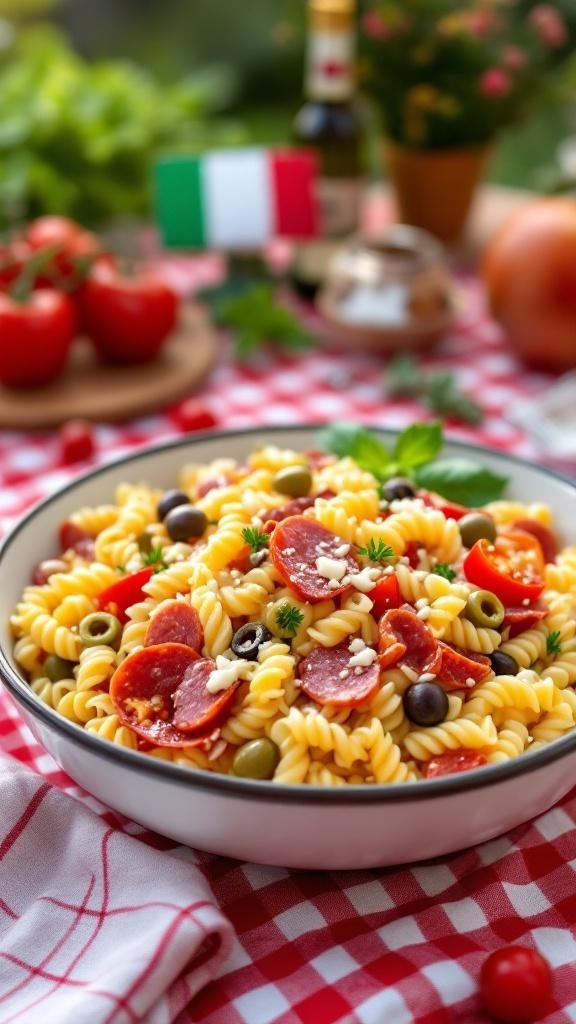 A bowl of Classic Italian Pasta Salad with salami and pepperoni, garnished with fresh herbs, on a red and white checkered tablecloth.