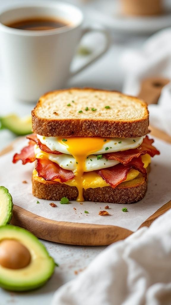 A delicious keto bacon and egg breakfast sandwich with a runny yolk, served with avocado and coffee.